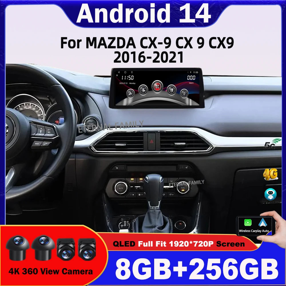 10.25 inch Car Radio For MAZDA CX-9 CX 9 CX9 2016-2021 Android 14 Multimedia Video Player GPS wireless android Carplay Head Unit