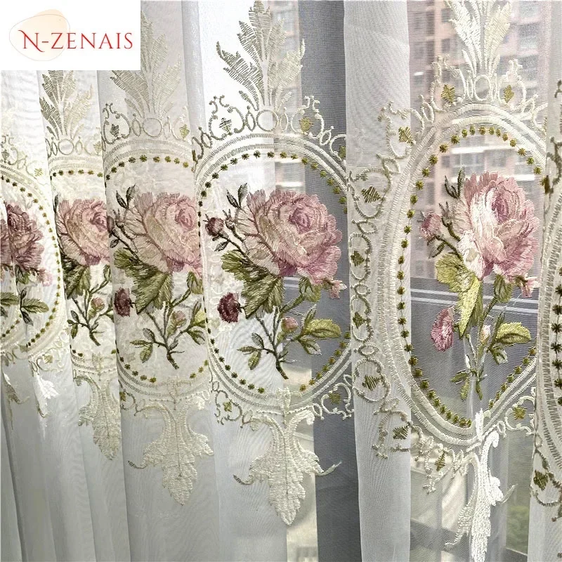 Luxury Peony Tulle Curtain for Living Room European Elegant Flower Embroidery Sheer Voile Drapes for Bedroom Kitchen Decor Door