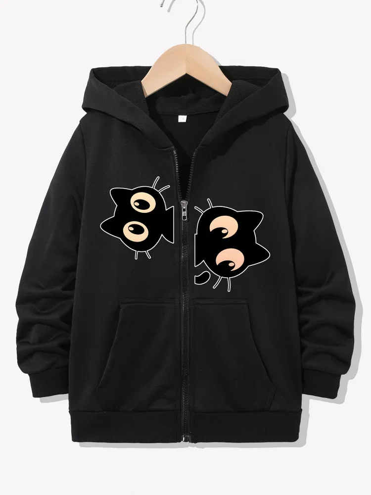 Kids Light Purple Zip Up Hoodie Split Black Cartoon Cat Face Graphic Long Sleeve Pocket Casual Girls Hooded Jacket