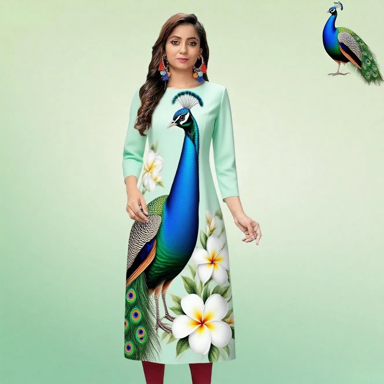 Abito moda casual Kurt da donna a maniche lunghe tubo dritto casual fiore etnico mandarino girocollo design di dimensioni regolari