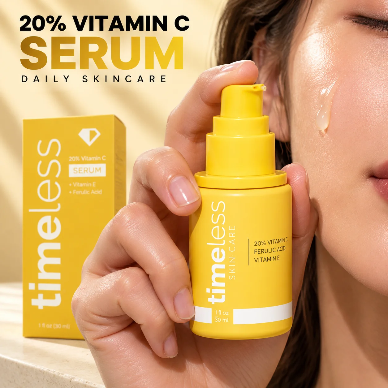 Sérum Timeless com 20% de Vitamina C 30ml com Vitamina E, Sérum Facial Hidratante Profundo, Firmador, Tratamento Diário de Reparação da Pele