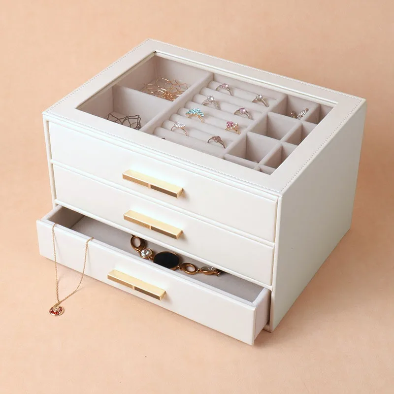 Cross-border three-tier drawer glass skylight PU jewelry box necklace earrings accessories luxury storage box gold jewelry box