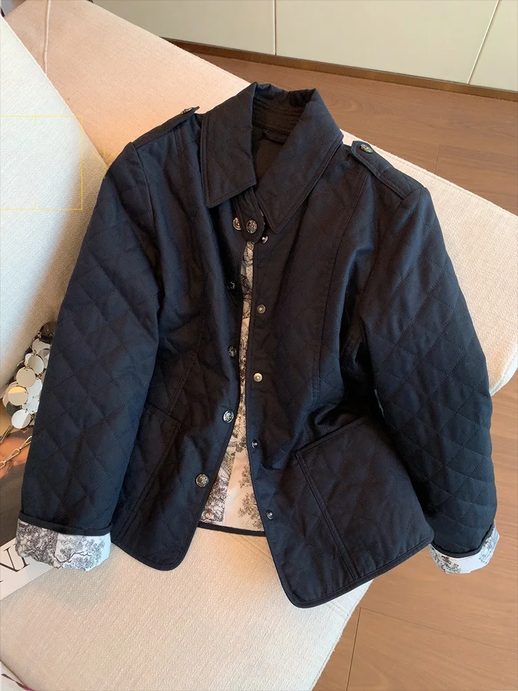 

Design Sensation Indigo Print Ромбовидный узор Хлопковая куртка с отложным воротником Женская осенне-зимняя свободная утягивающая хлопковая куртка