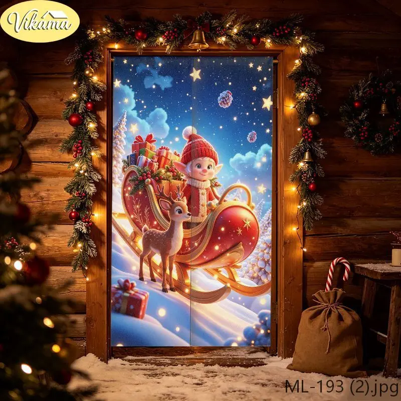 VIKAMA Fairy-Tale-Style Christmas Half-Curtain, Winter Christmas Fabric Curtain, Entryway Privacy Divider, Home Decor