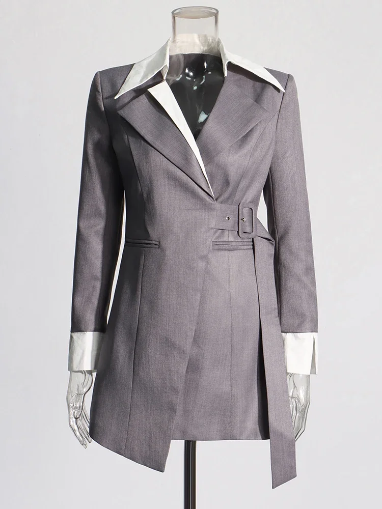 TWOTWINSTYLE Hit Color Slimming Casual Blazer for Women Lapel Long Sleeves Patchwork Pockets Elegant Coat Female Clothing New