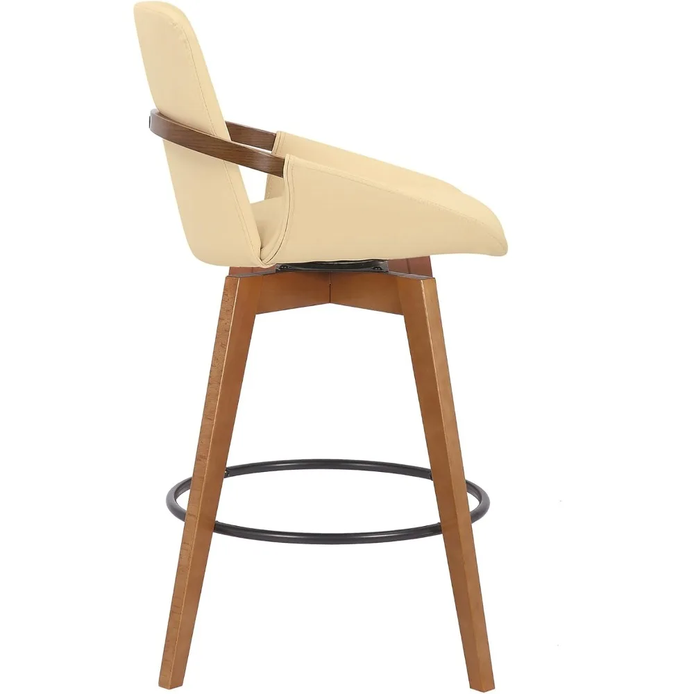 Modern Swivel Bar Stool Kitchen Island Counter Cream Faux Leather Walnut Wood 26" Height Comfortable Durable