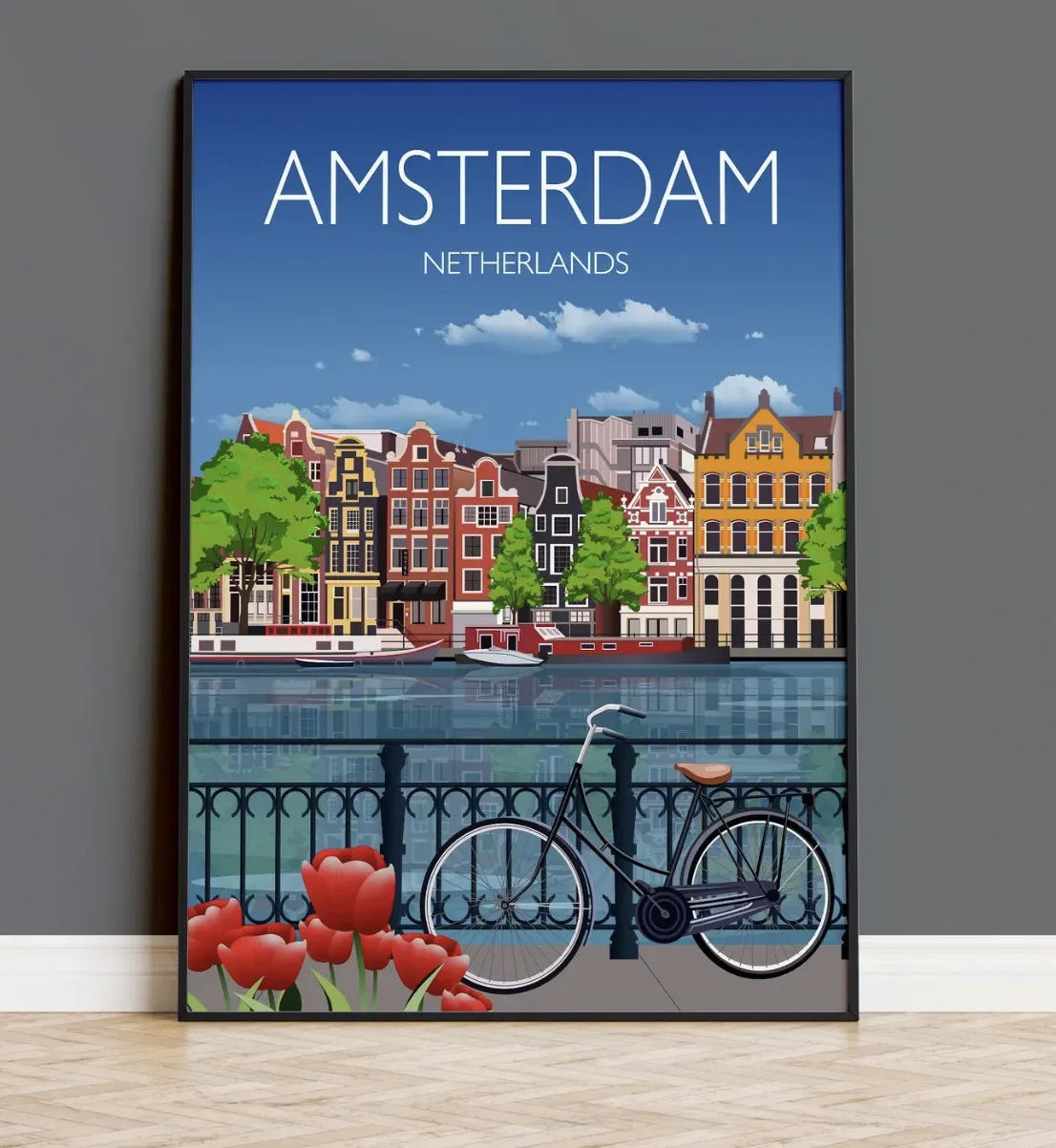 1pc frameless Canvas Painting Amsterdam Tulip Canal Bicycle Wall Art Canvas Prints Decor, Vintage Travel Poster for Bedroom Livi