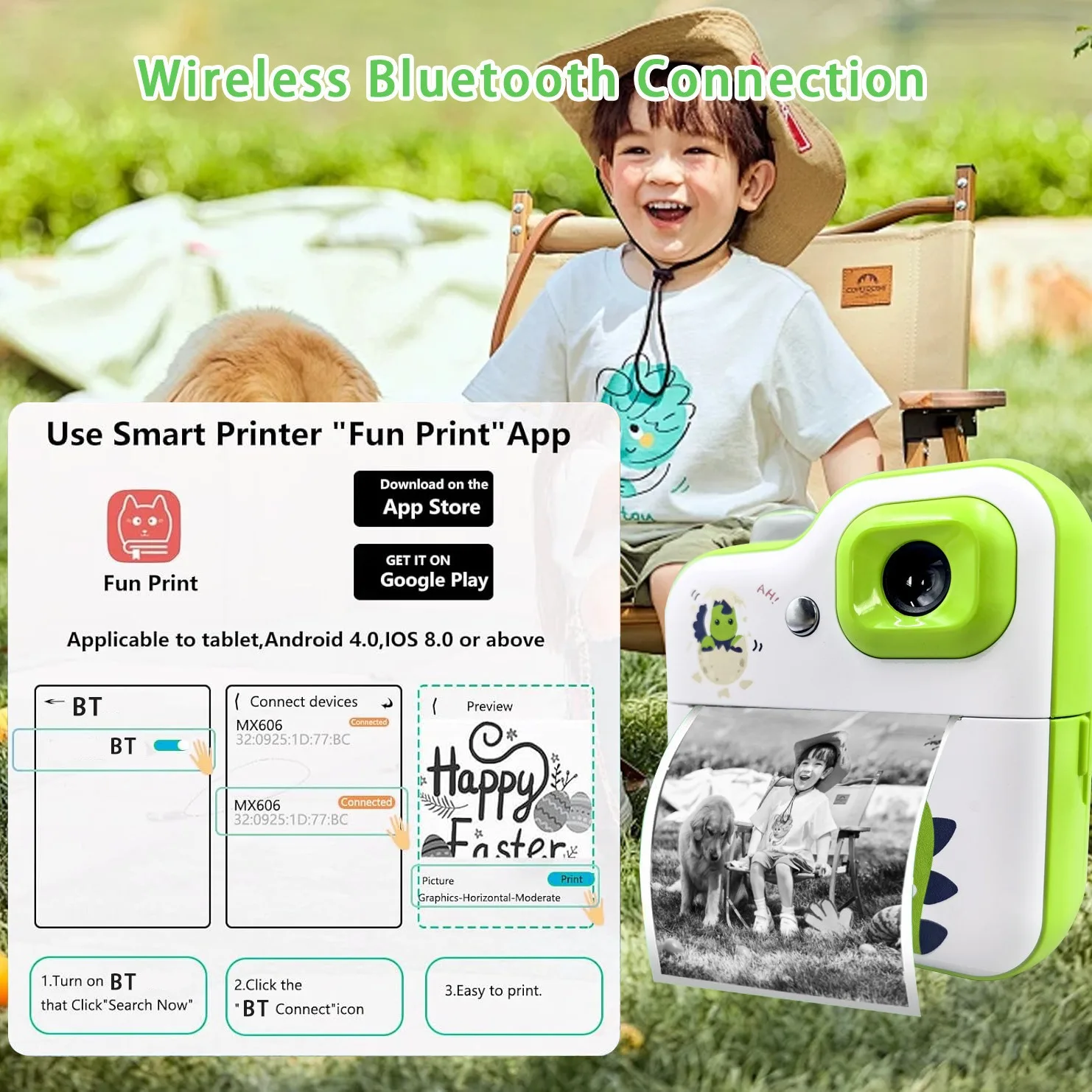 Cartoon Dinosaur Camera Toy Children Digital Camera Instant Thermal Print Camera Photo Printing Camera Video Toy+32G Memory Card