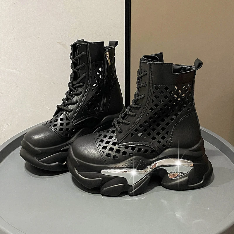 

2025 Women Summer Grid Boots Breathable Leather Sneakers High Platform Hollow Ankle Boots for Woman Lace-up Outdoor Chunky Shoes