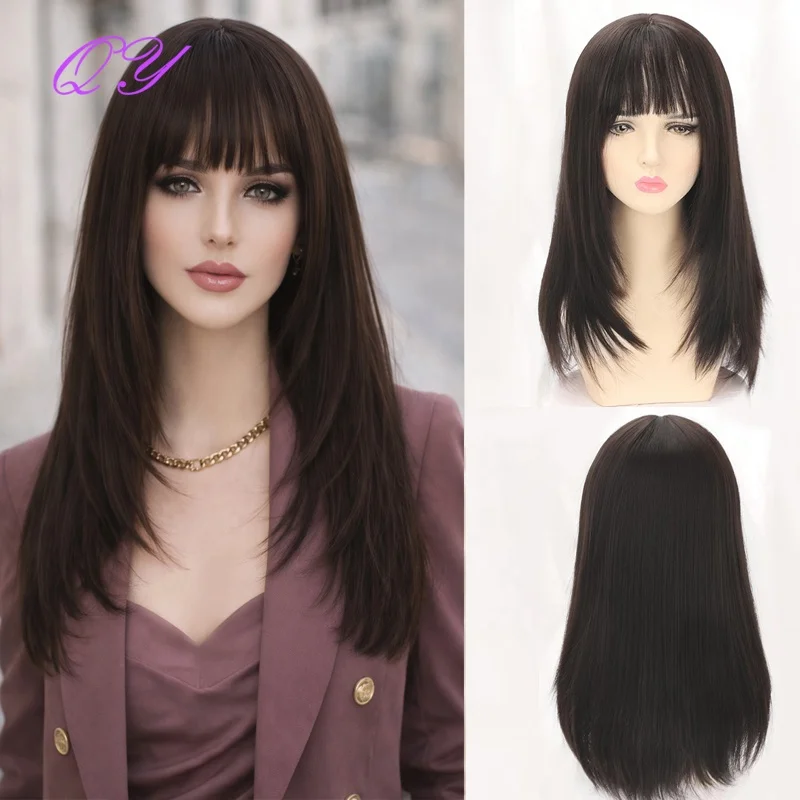Synthetic  Medium Black Brown Natural Looking Long Straight Wig with Bangs Heat Resistant Hair For Women Daily Party Cospl