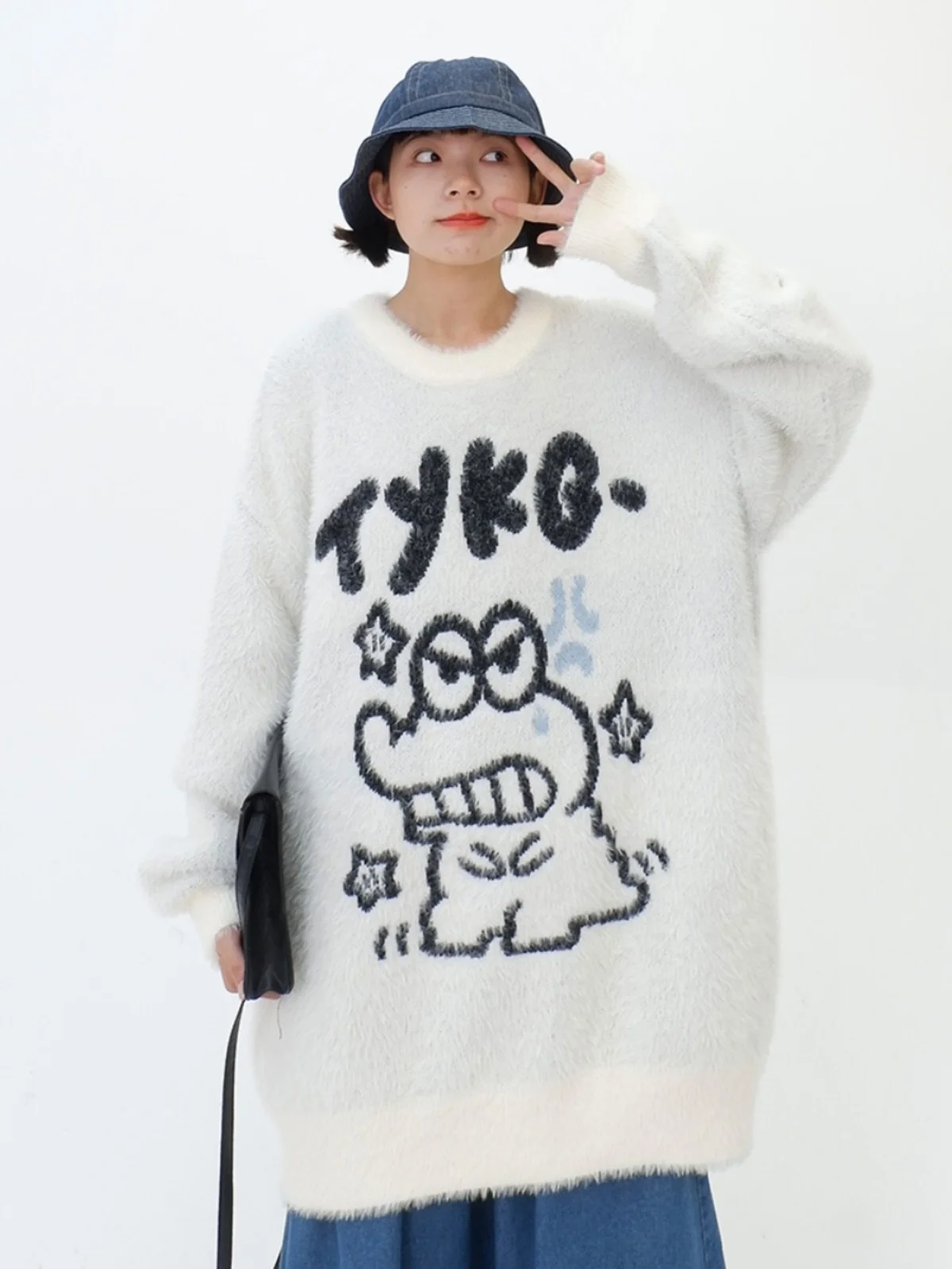 

Mohair funny frog crew neck women's new loose BF lazy style sweater in autumn and winter 2023