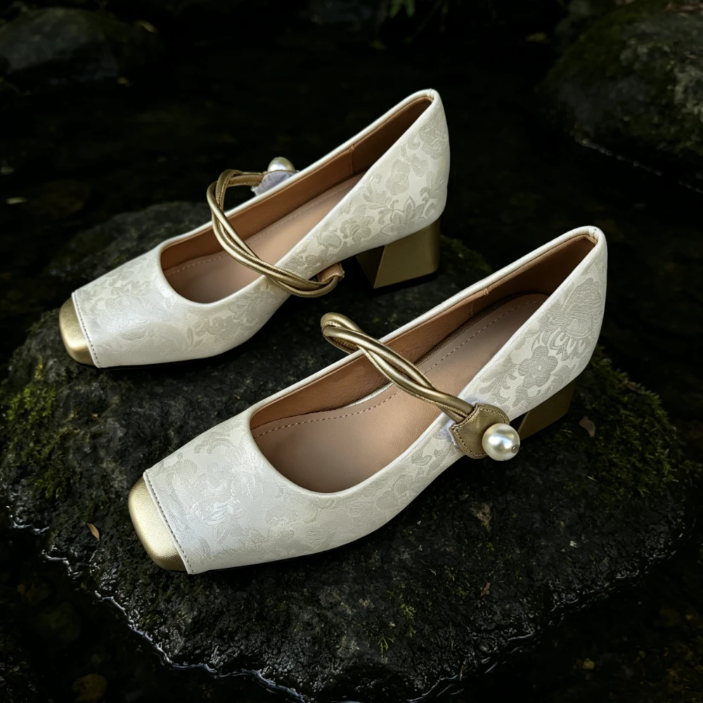 2025 New Square toe thick heeled women's shoes Summer elegant qipao shoes, luxurious banquet shoes Chaussures pour femme