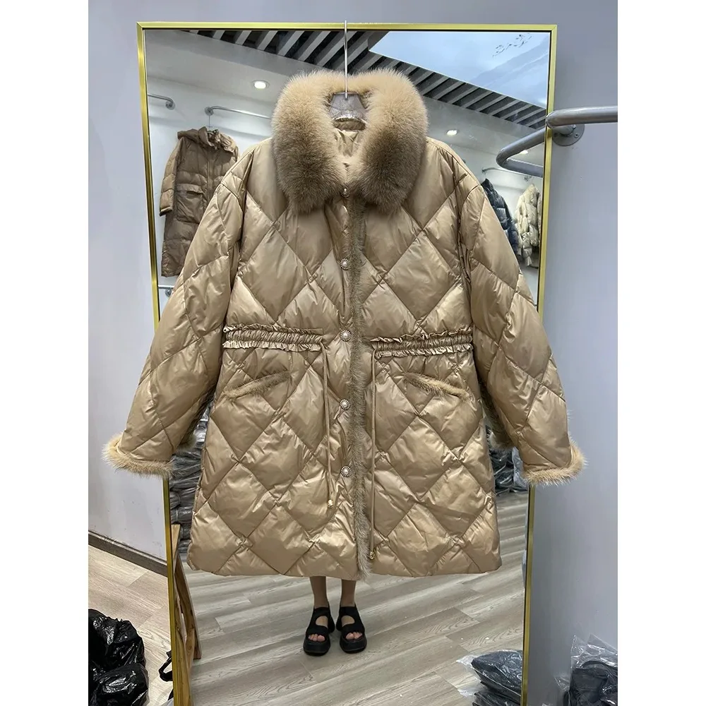 2023 New Female Loose White Duck Down Jackets Ladies Real Fox Winter Women Winter New Down Coats Thick Warm Long Overcoats