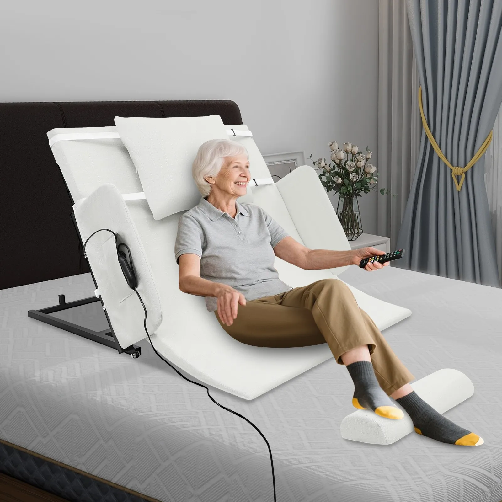 مسند ظهر قابل للتعديل لسرير المستشفى الكهربائي بجهاز تحكم عن بعد - طاولة فوق السرير وقضبان جانبية متضمنة لرعاية المريض المنزلي لكبار السن