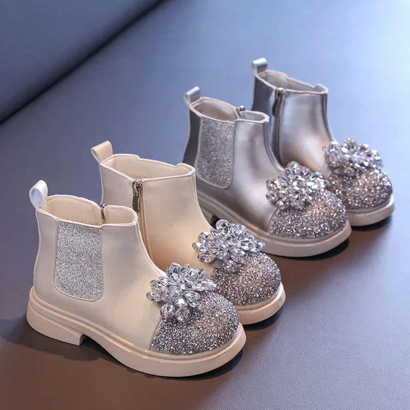 Girl Winter Boots Sequins Luxury Children Princess Rhinestone Boots 2024 New Kids Fashion Causal Ankle Boots Thick Bottom Zipper