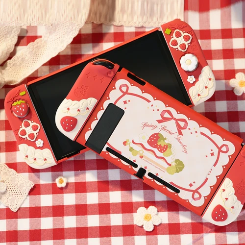 Imagen 2 del producto Protector de carcasa trasera dura de fresa para Nintendo Switch/controlador Oled Joy-Con, empuñadura de mano, botones ABXY, cubierta completa de silicona