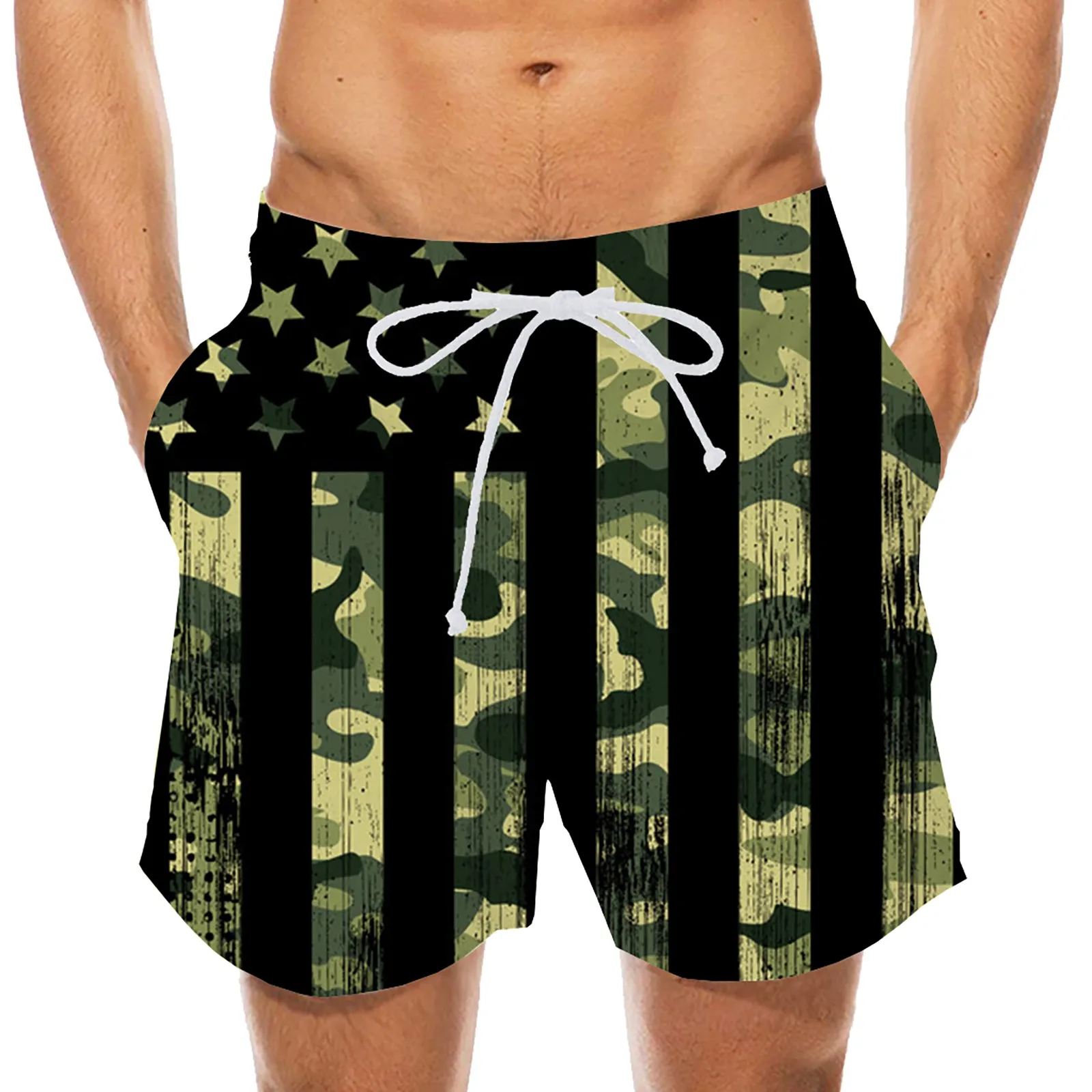 Men's Fashion Casual Independence Day Printed Lace Up Sports Shorts Bedroom