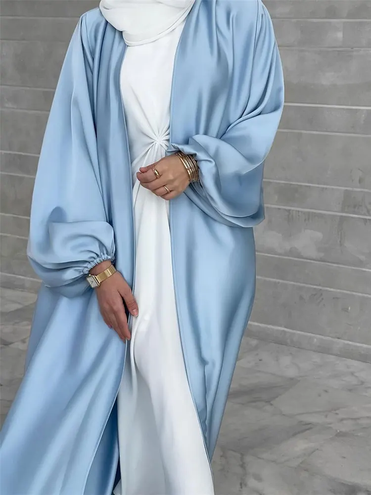 Eid otwierana Abaya sukienka damska letnia elegancka muzułmańska bufiaste rękawy Kimono długie sukienki Islam Dubai indyk skromność Abayas Ramadan