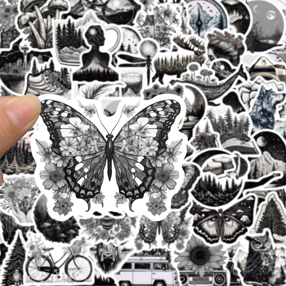 

10/30/60pcs Black White Outdoor Forest Cartoon Stickers Decals DIY Scrapbook Luggage Suitcase Laptop Cool Waterproof Sticker Toy