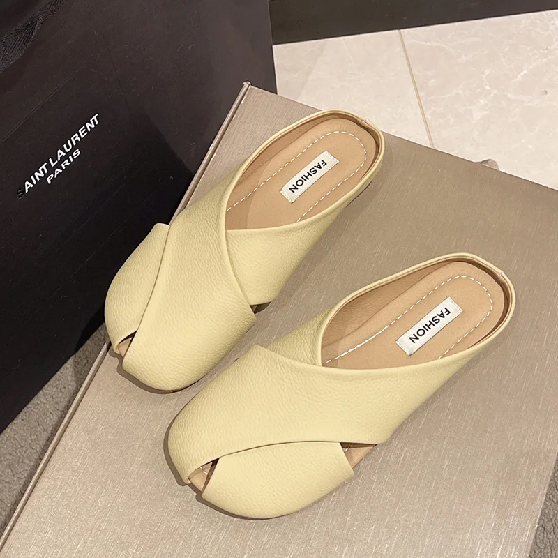 Sandalias planas de cuero con punta abierta para mujer, zapatos informales, Verano