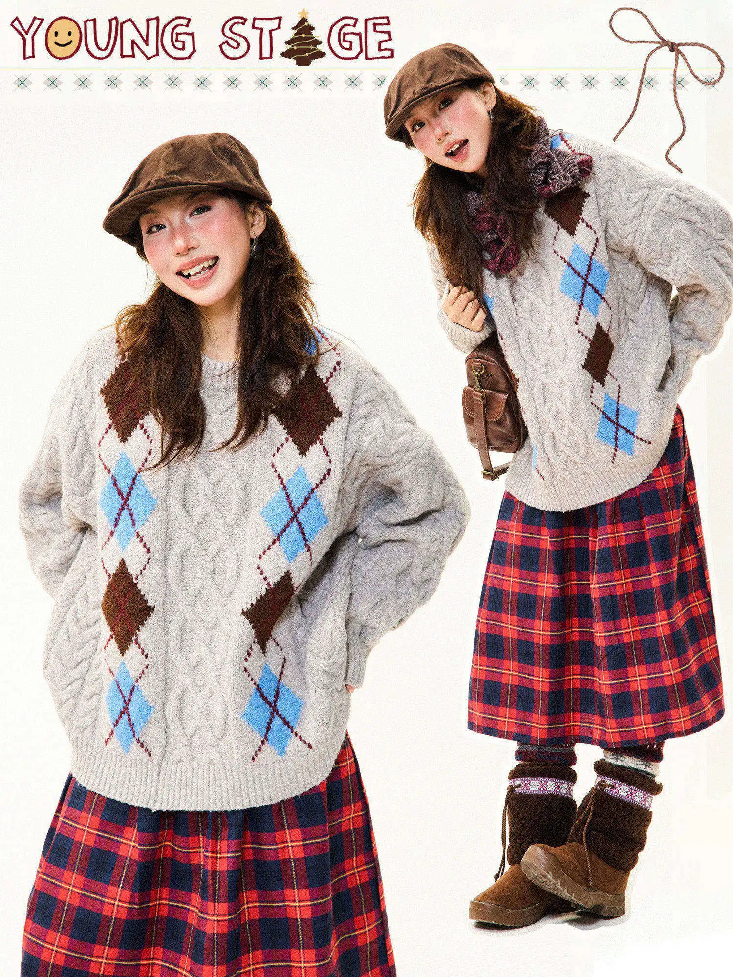 

Retro ey Twisted Diamond Knitted Sweater Women's Loose Lazy Soft Winter Pullover Wool Blend Comfortable Street Sle Top