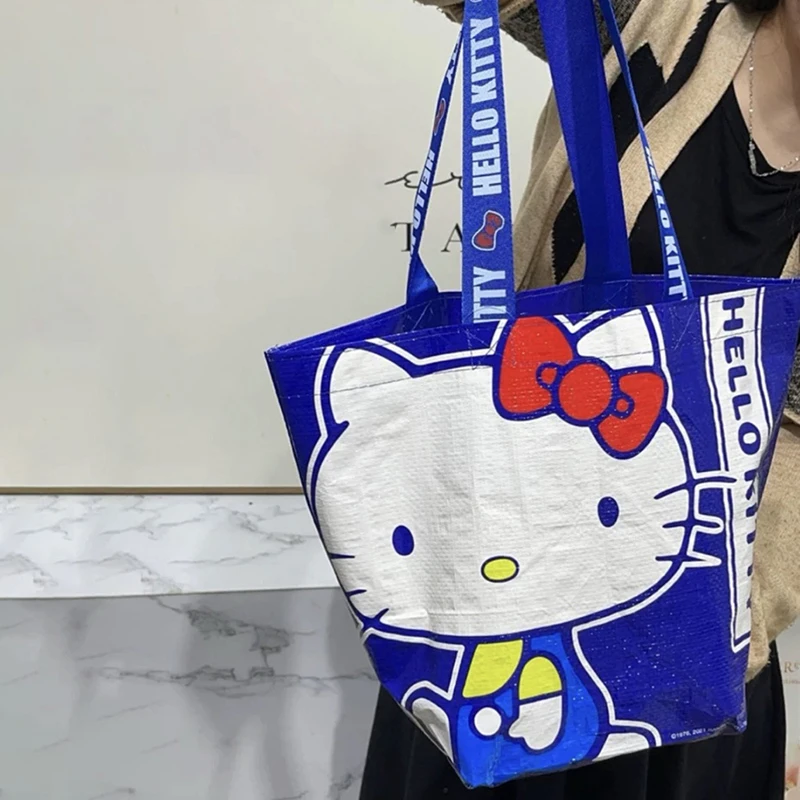 Super Kawaii Blue Kittys Printed Shopping Nylon Bag Eco-friendly Hand-woven Bags One Shoulder Cute And Sturdy Storage Bag