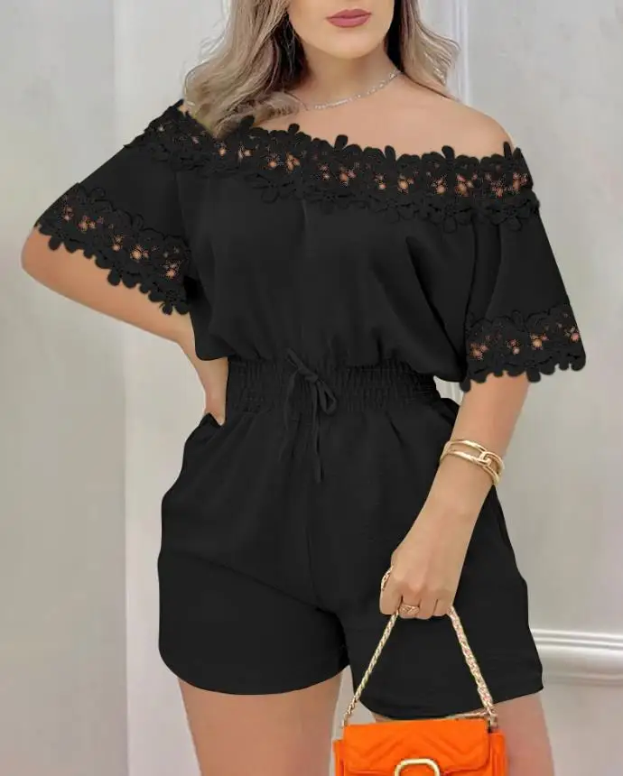 Women's Cold Shoulder Drawstring Shirred Romper Casual Floral Print Off-Shoulder Elastic Waist Jumpsuit