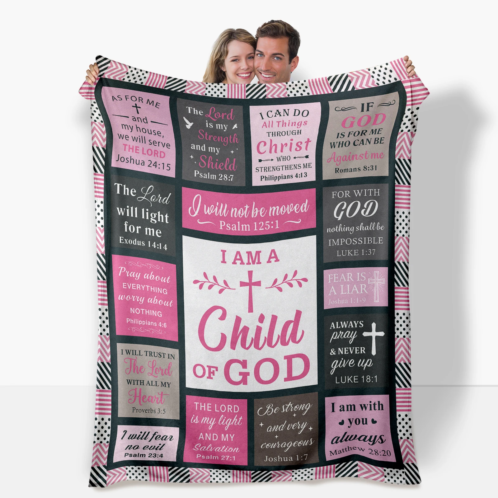 

Cozy flannel blanket featuring pink and black checks with religious quotes to nurture children s faith and warmth