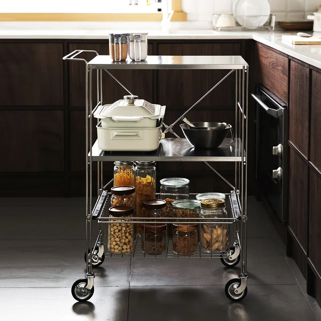 SHIMOYAMA Stainless Steel 3 Tier Heavy  Commercial Grade Food Storage Trolley Service Utility Rolling  with Handle Bar