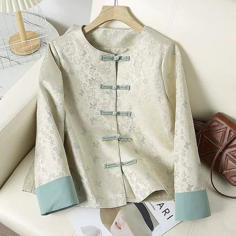 

New Chinese Style Floral Jacquard Loose Coat Women 2025 Autumn New Short Jacket Fashion Retro Long Sleeve Outerwear Casual Tops