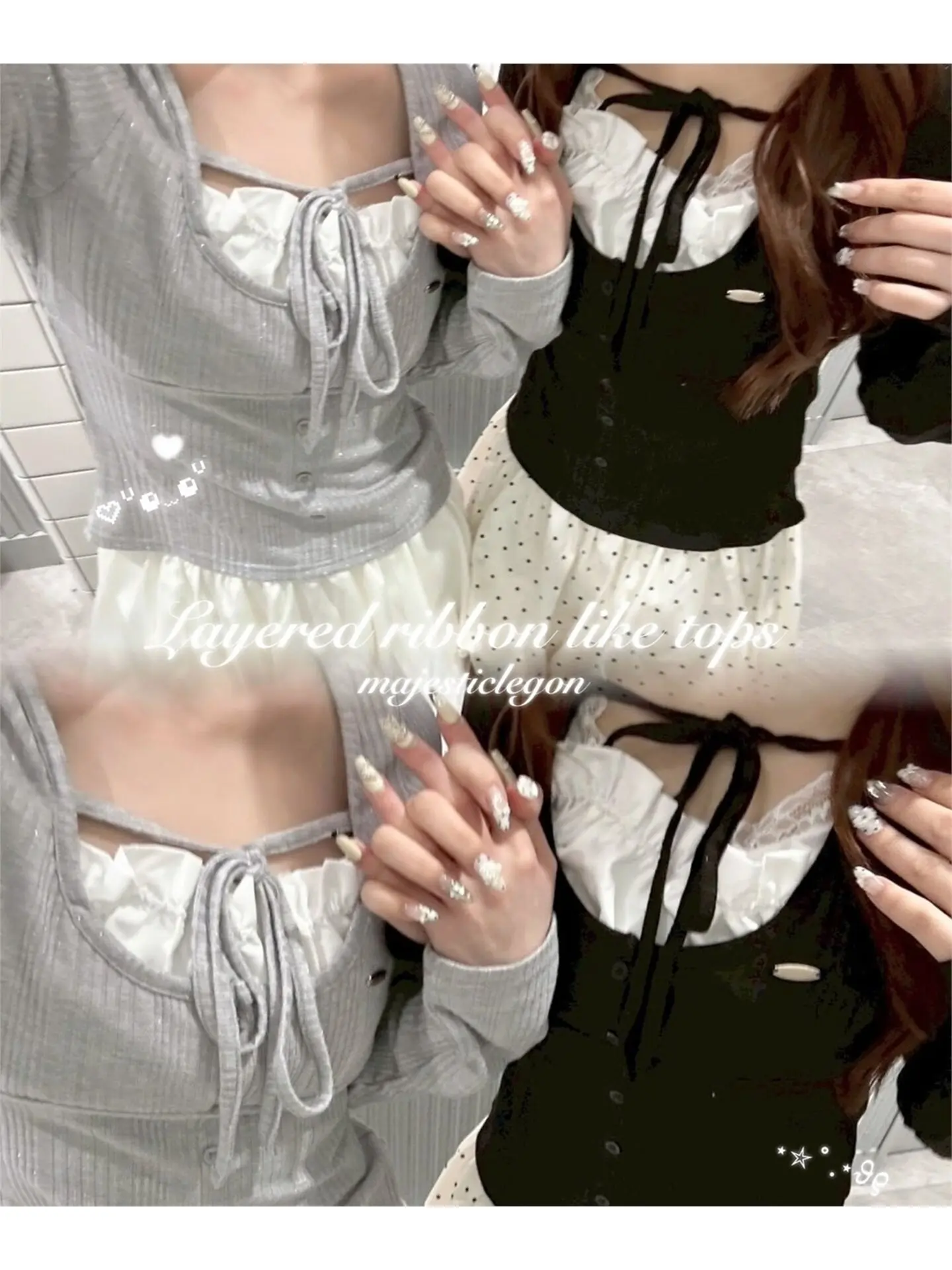 Japanese Elegant and Delicate Texture Long Sleeved Top with Satin Ribbon Layered Elastic Ribbed Waist Cinching Top for Women