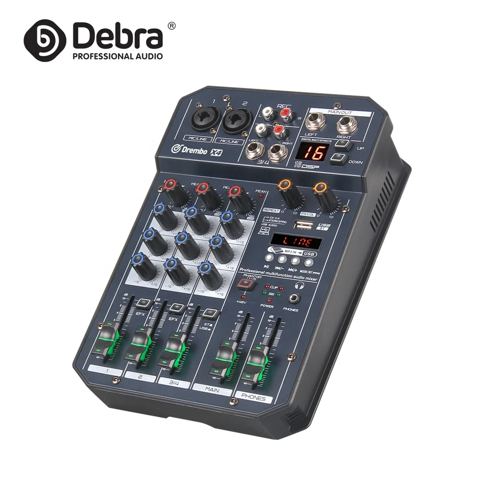 Debra X4 4-Channel Mini Digital DJ Audio Mixer Fader BT4.2 16DSP Reverb Effect 48V PC Recording Band Mixing Mini Amplifier