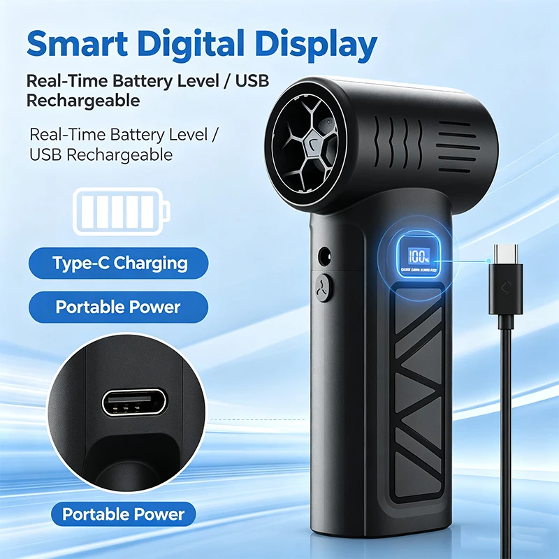 Handheld Violent Turbo Fan Digital Display Type-C Rechargeable Brushless Air Blower With 5 Nozzles, 4 Speed For Car Snow PC BBQ