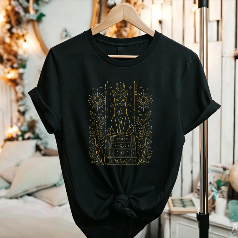Mystical Cat Shirt Celestial Symbols Witchy Moon Stars Tee Dark Academia Book Lover Gift White Crew Neck Short Sleeve Relaxed Fi