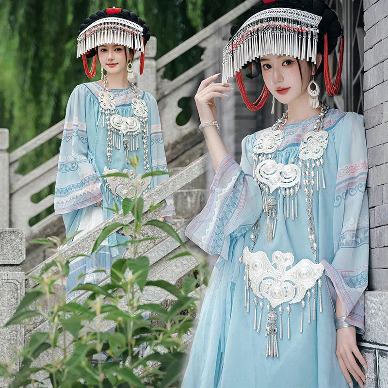 

Blue Ethnic Minori Girl's Clothing Summer Outdoor Travel Photoaphy Outfit Polyester Fiber 75% Other 25% Youthful Sle