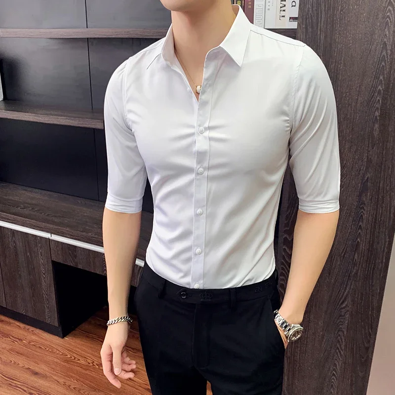 

Summer New Mens Shirts England Style High Quality Short Sleeve Business Casual Solid Color Stretch Slim Shirt Mens Clothing