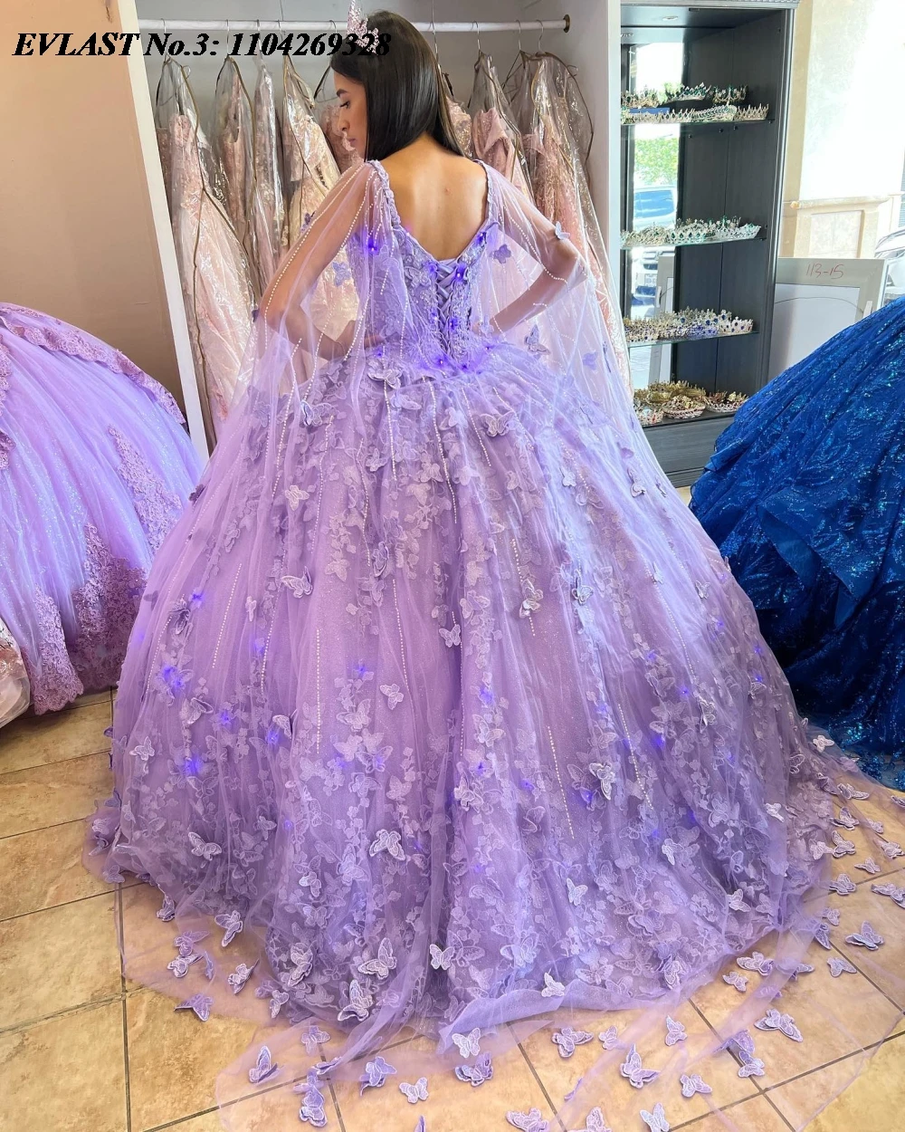 EVLAST Personalizzato 2025 Lavanda Abito Quinceanera Abito di Sfera Farfalla Applique Perline Mantello Dolce 16 Vestido De 15 Anos E3Q490