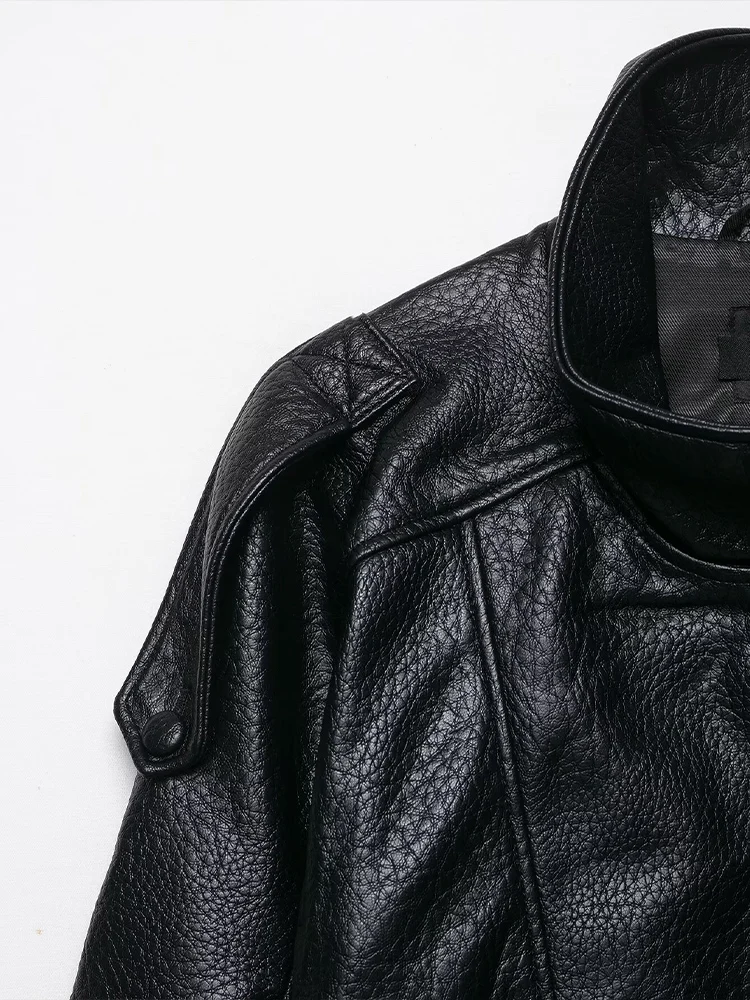 Giacca in pelle a maniche lunghe con colletto alla coreana in similpelle con cerniera alla moda da donna in stile europeo e americano