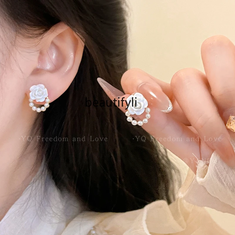 Super Fairy Camellia Pearl Earrings New Niche Design Earrings Elegant High-Grade Fashion Earrings