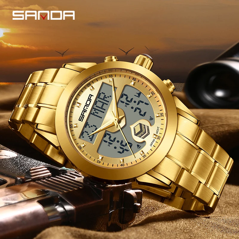 

SANDA 2024 New Luxury Gold Mens Watches Top Brand Men Electronic Watch Sports Chronograph Watch Fashion Relogio Masculino 6204