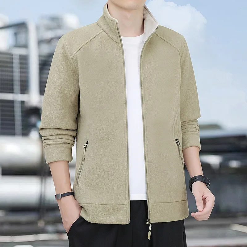 Men Fleece Zip Up Jacket Autumn Winter Stand Collar Casual Warm Polar Fleece Outerwear