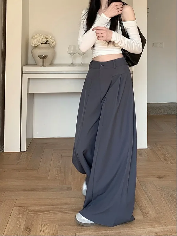 

Gray Suit Pants Women's Loose Floor-Length Straight Leg Casual Trousers High Waist Wide Leg Pants Summer Black Casual Trousers