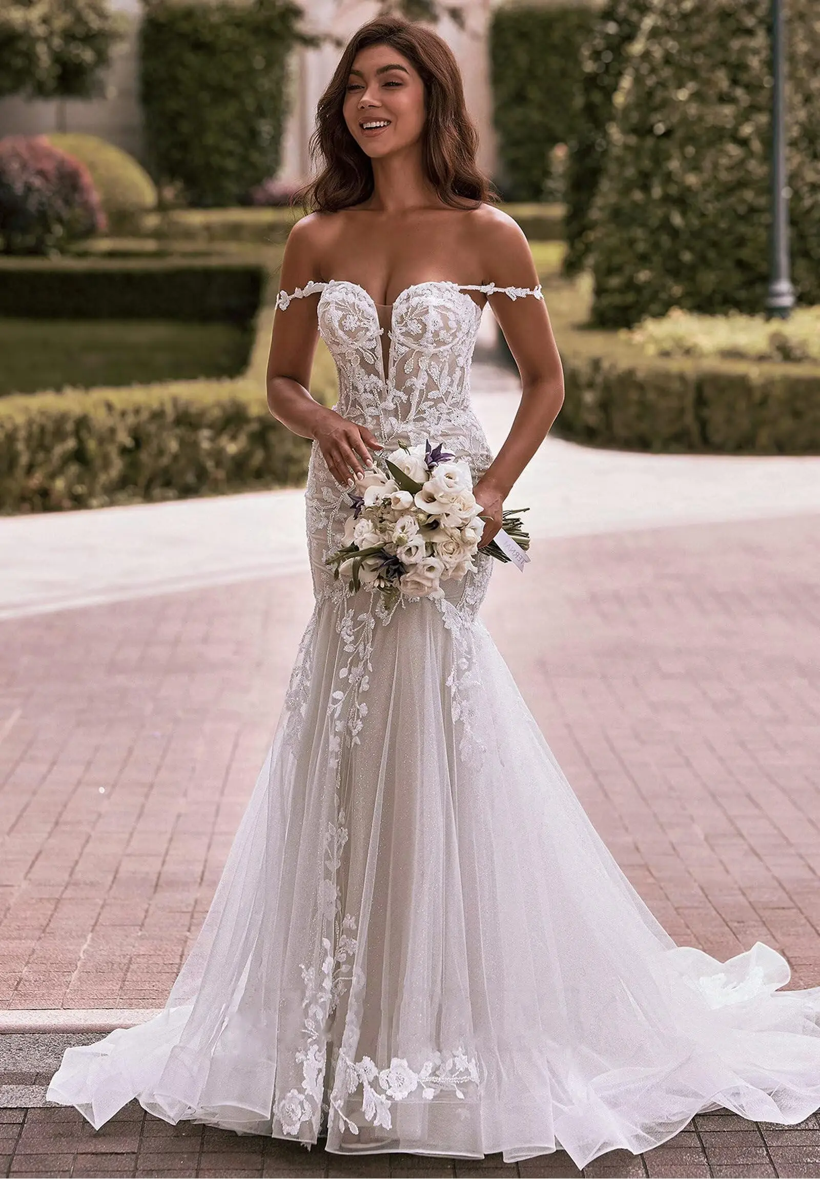 

Customized Off Shoulder Tulle Long Elegant Wedding Dresses For Bride Sexy Mermaid Lace Decals Sweetheart Bridal Gowns With Train