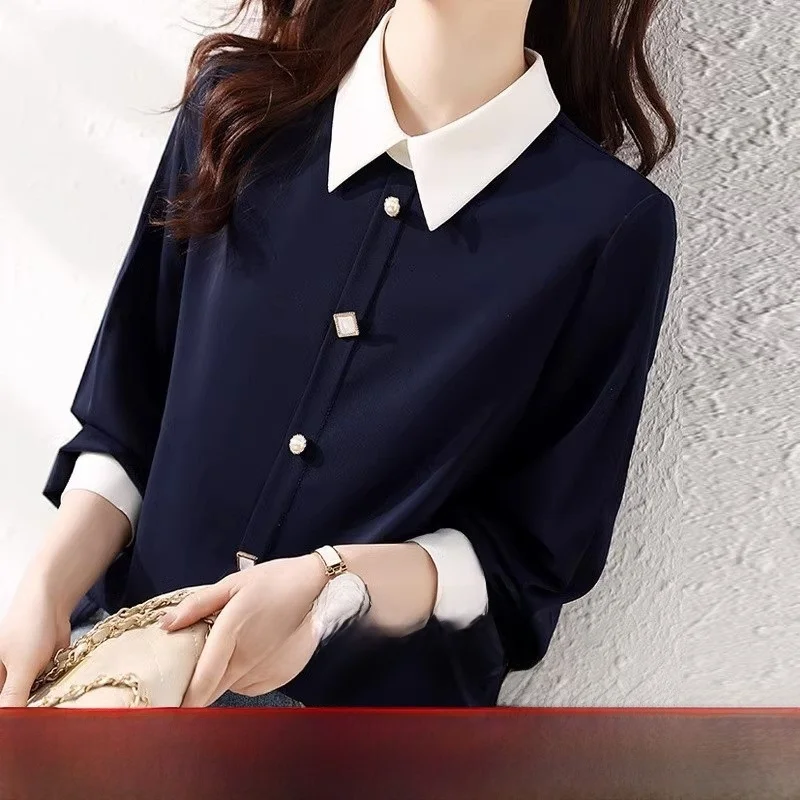 

Шелковая женская офисная одежда irt, весна-осень, свободный крой, длинный воротник-свеч, стандартная длина, цветная клетка на пуговицах