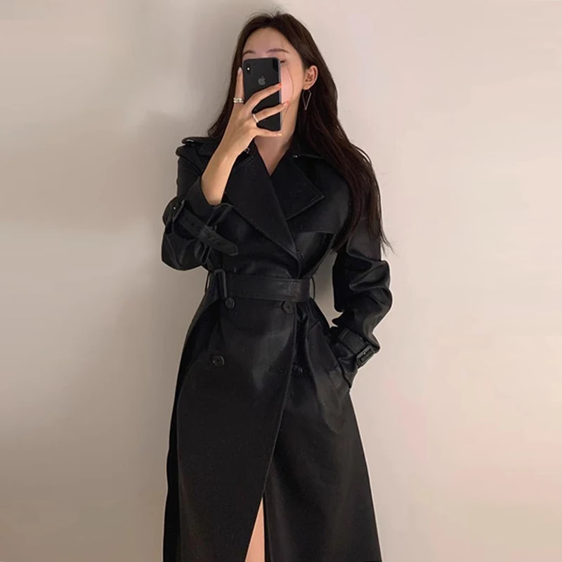 Clothland Women Stylish Black PU Leather Trench Coat Double Breasted Belt Long Sleeve Windbreaker Long Thick Jacket CB187