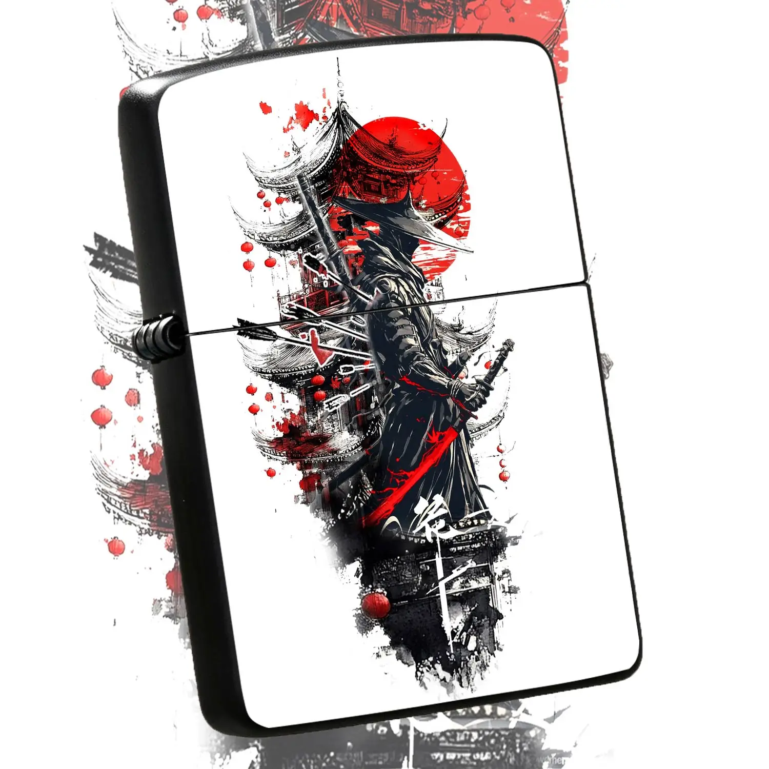 Eastern Style Ink Samurai Themed Pocket Lighter Retro Red Sun Ancient Pavilion Creative Art Design Ideal For Daily Carry Multiple Scenarios It Is A Practical Item With Distinct Oriental Aesthetic Vibe Perfect As A Unique Gift Or Personal Ac