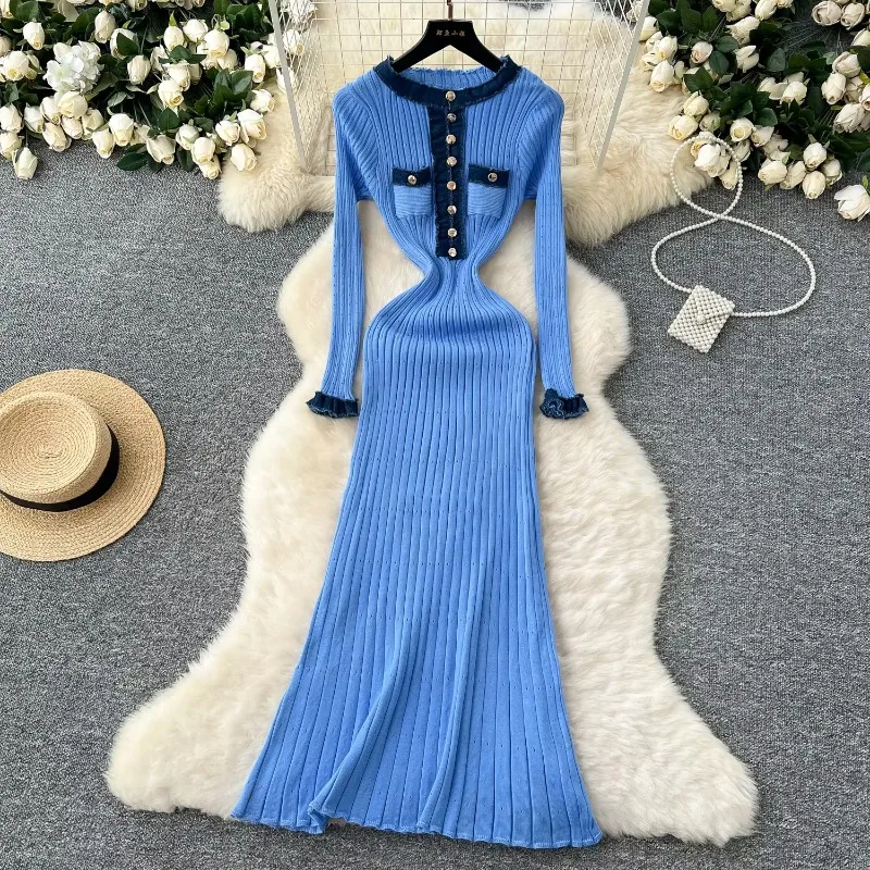 Elegante mangas compridas vintage o pescoço chique fivela de metal retalhos fino malha francês noite alta rua outono inverno vestido elástico