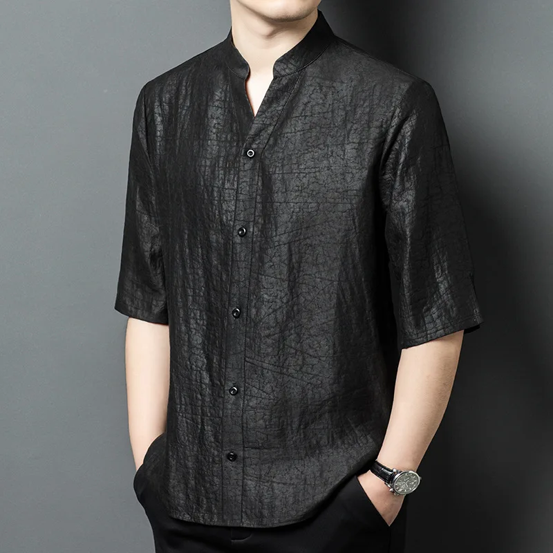 

Real Silk Men's Xiangyun Yarn Crack Stand Collar Short Sleeve Shirt Middle-Aged Leisure Loose Thin Type Pajamas Dad Wear