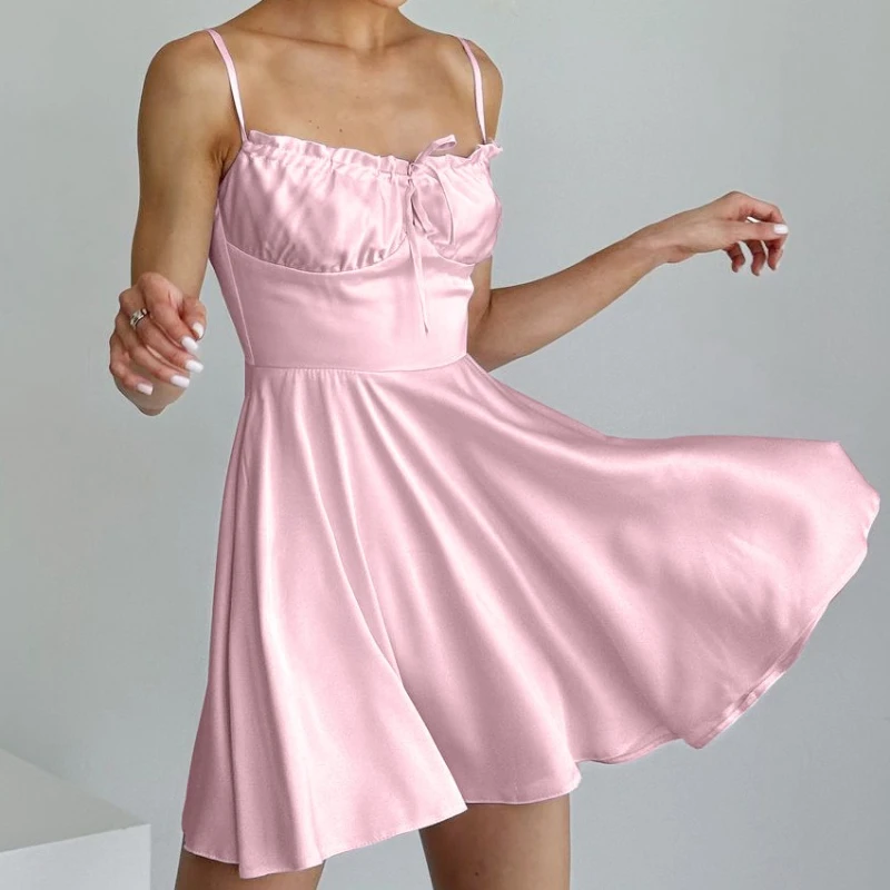 

2026 Summer New Satin Design with a Cinched Waist and Bow Tie Decoration Solid Color Dress for Women