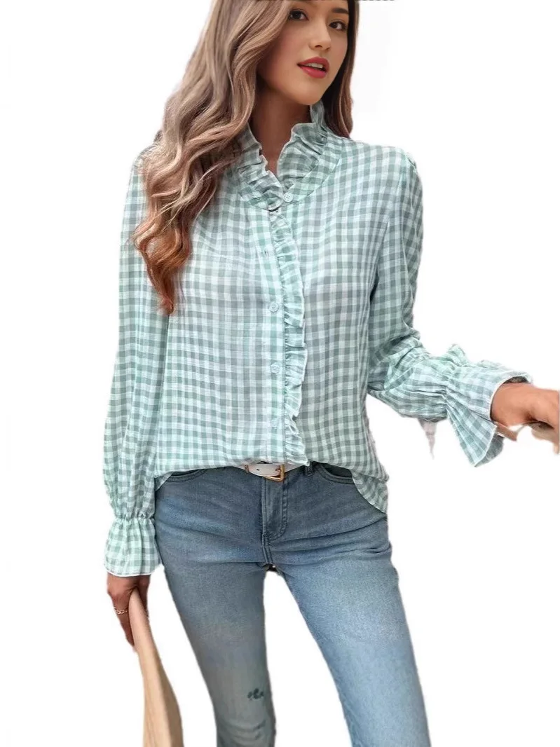 

Женская клетчатая рубашка с длинным рукавом из хлопка и полиэстера, с воротником в стиле гингем, с принтом в горошек, приталенная, в французском стиле